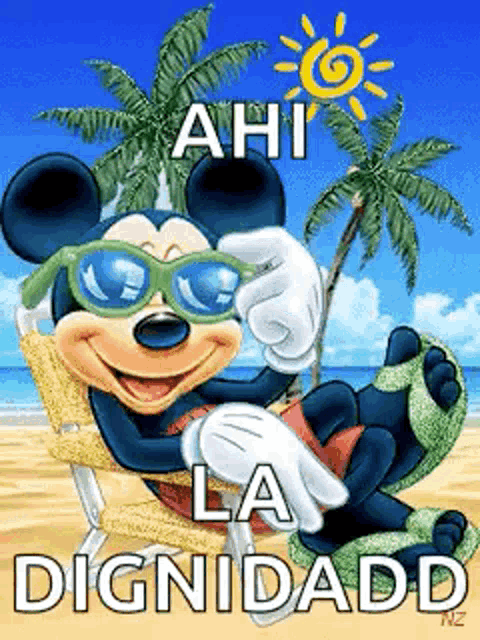mickey mouse is wearing sunglasses while sitting on a beach chair .