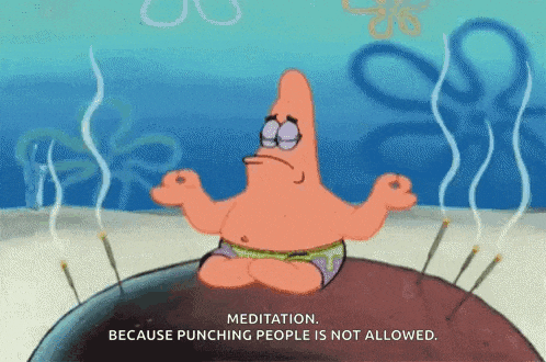 patrick star from spongebob squarepants is meditating on a rock surrounded by incense sticks .