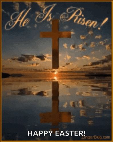 a happy easter greeting card with a cross reflected in the water