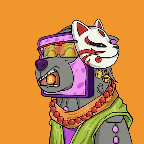 a cartoon drawing of a bear wearing a mask and sunglasses with a bitcoin symbol in its mouth