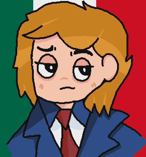 a pixel art drawing of a man wearing a blue jacket and red tie