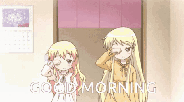two anime girls are standing next to each other with the words good morning written in white