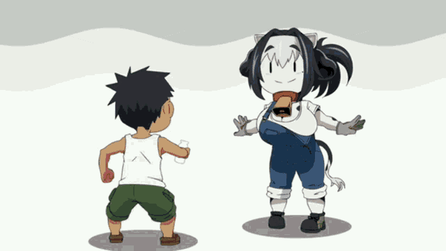 a boy and a girl are standing next to each other and the girl is wearing overalls
