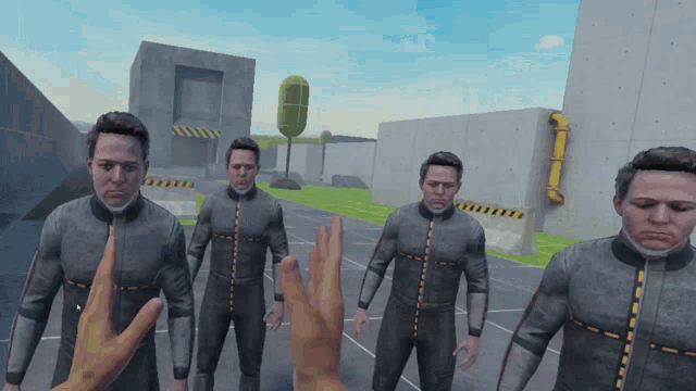 a hand is reaching out towards a group of men in suits