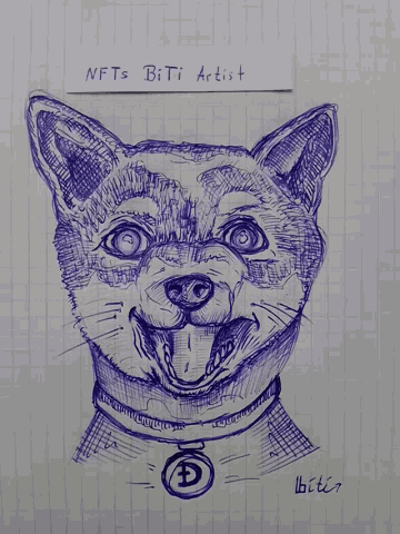 a blue ink drawing of a dog with the words nfts biti artist written below it