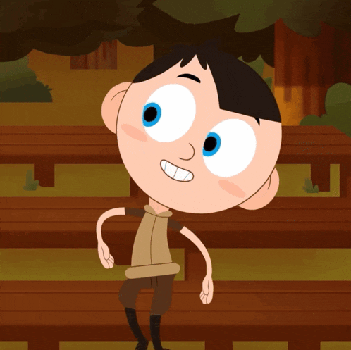 a cartoon character with blue eyes is standing on a wooden fence