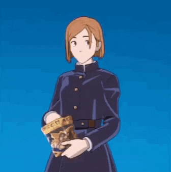 a cartoon girl is holding a bag of chips and eating a cookie .