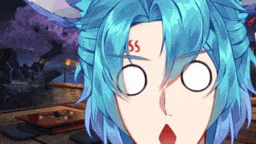 a cartoon character with blue hair has a ss on his forehead