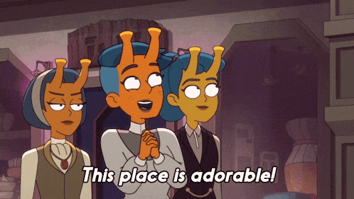 three cartoon characters are standing next to each other with the caption this place is adorable