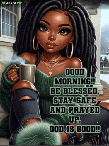 a cartoon of a woman holding a cup of coffee with the words good morning be blessed stay safe and prayed up god is good