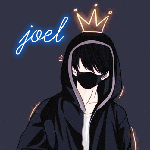 a drawing of a boy wearing a mask and a crown with the name joel on it