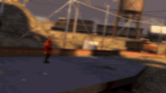 a man in a red jacket with the letter p on his chest is holding a gun