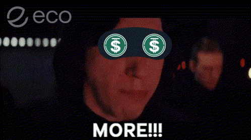 a man wearing a mask with dollar signs on his eyes screaming more