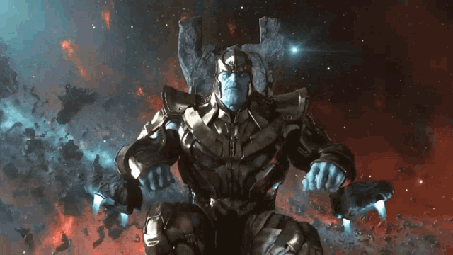 thanos is sitting on a throne in the middle of a explosion