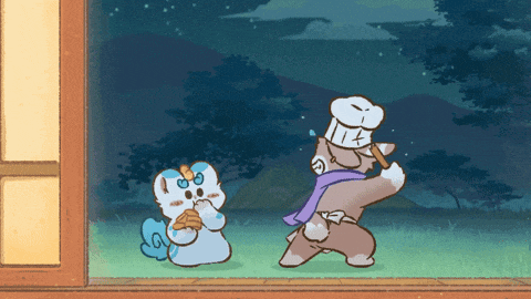 a cartoon drawing of two animals one wearing a chef 's hat and scarf
