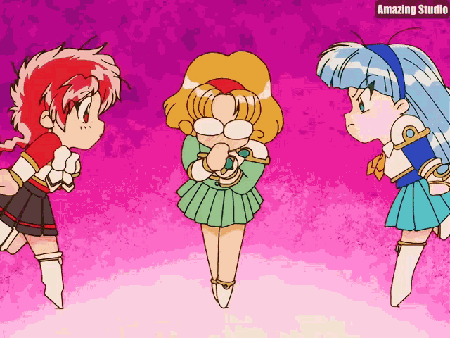 three anime girls are standing next to each other and the words amazing studio are on the bottom right