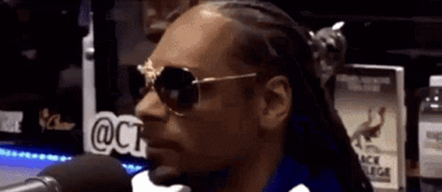 a man wearing sunglasses is talking into a microphone .