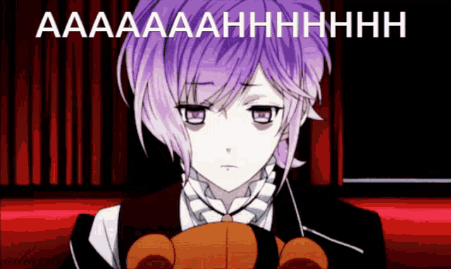 a purple haired anime character is holding a teddy bear in front of a red curtain that says aaaaaahhhhhhh