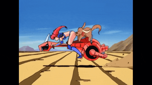 a cartoon of a woman and a dog riding a red vehicle