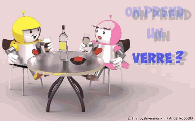 two robots are sitting at a table with the words on prend un verre