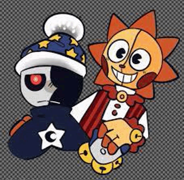 two cartoon characters , a skeleton and a sun , are standing next to each other .