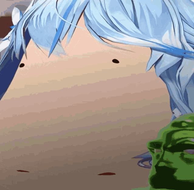 a close up of a cartoon character 's face with a green face in the background