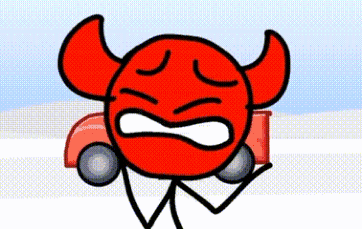 a cartoon of a red ball with horns holding a red car .
