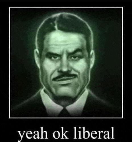 a man with a mustache is wearing a suit and tie and says yeah ok liberal .