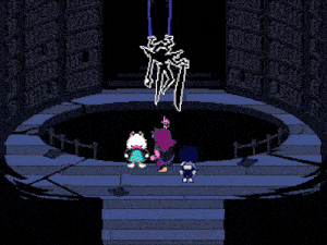 a group of people are standing in front of a blue waterfall in a pixel art video game .