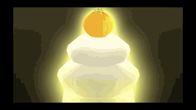 a snowman with an orange on top of it is lit up