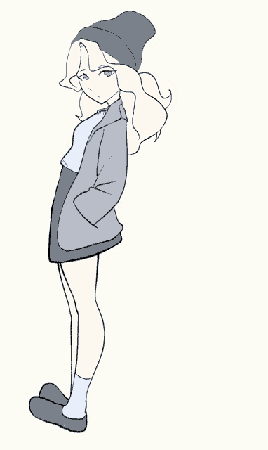a drawing of a girl wearing a blue jacket and a hat