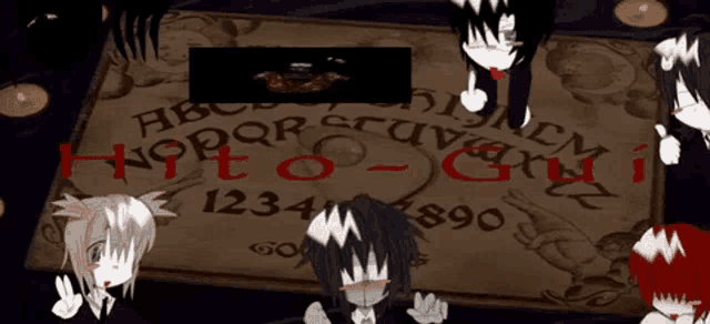 a group of cartoon characters standing around a ouija board with the number 8 on it