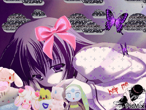 a girl with a pink bow is laying on a bed with stuffed animals and a purple butterfly flying over her