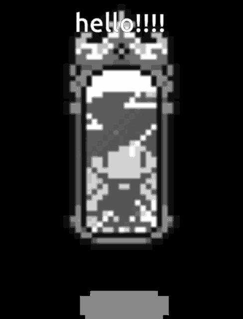 a black and white pixel art of a cell phone that says hello !!!