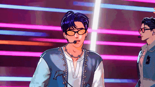 a man with glasses and a dolphin on his jacket is standing in front of a microphone