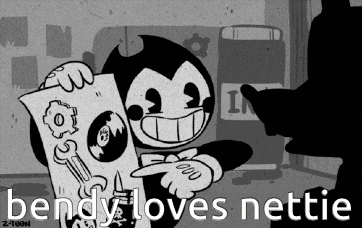a black and white cartoon of bendy holding a piece of paper and pointing
