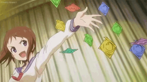 a girl is throwing condoms in the air in a cartoon .