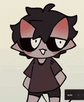 a cartoon character with black hair and red eyes is standing with his hands on his hips