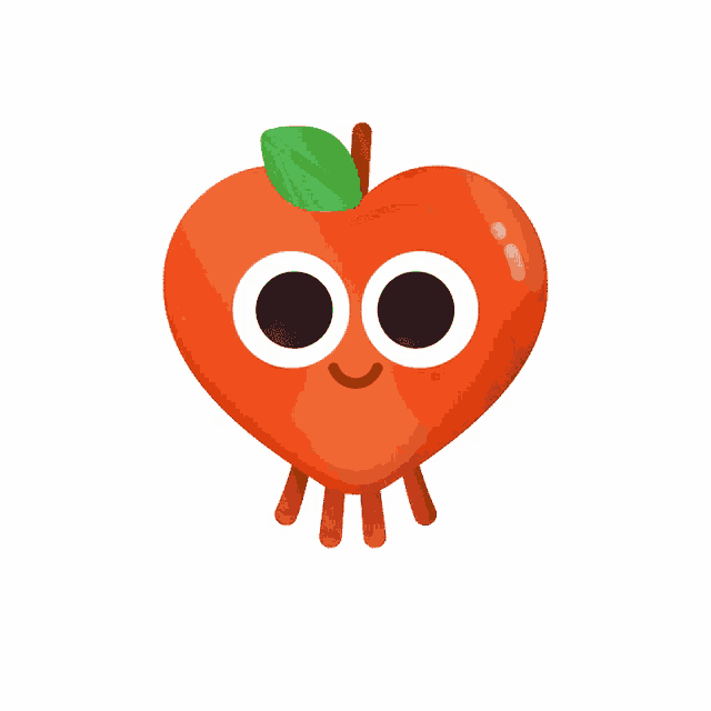 a cartoon heart shaped apple with a green leaf