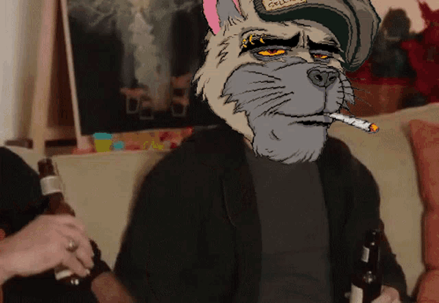 a drawing of a cat smoking a cigarette and wearing a hat