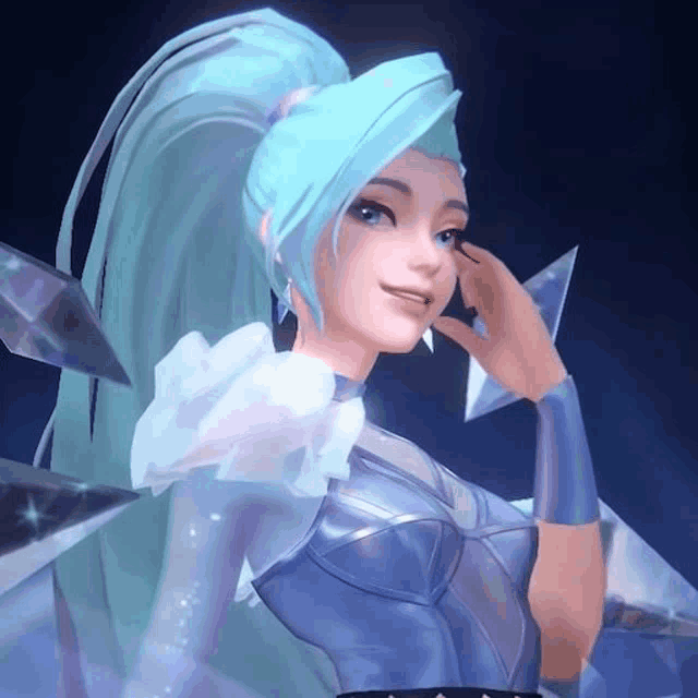a close up of a woman with blue hair and a ponytail .