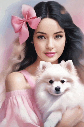 a woman with a pink bow in her hair holds a small white dog