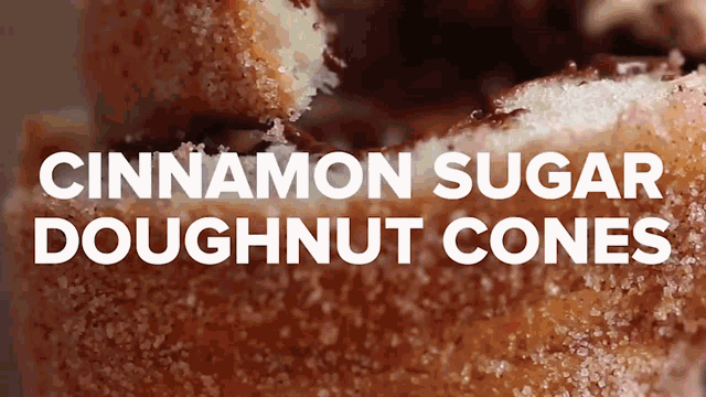 a close up of cinnamon sugar doughnut cones with a bite taken out of one