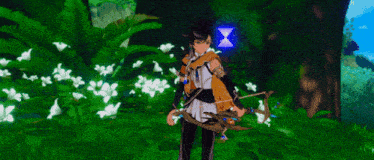 a person is standing in a forest holding a sword and a blue object .