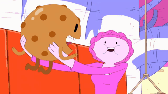a cartoon character is holding a cookie while another character is smiling