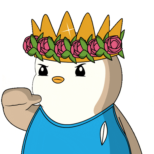 a cartoon of a penguin wearing a crown with flowers on it