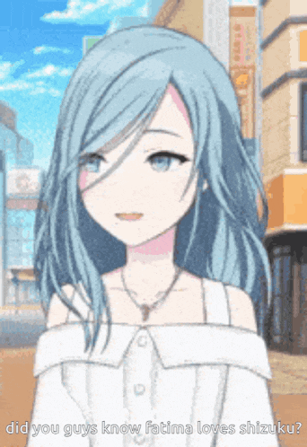 a girl with blue hair is wearing a white off the shoulder top and a necklace .