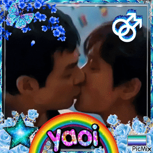 a picture of two men kissing with the word yaoi on the bottom