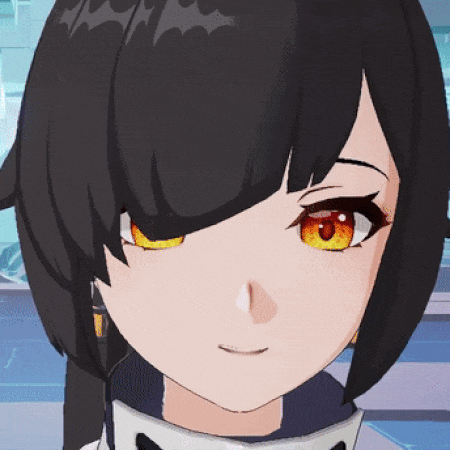 a close up of a anime girl 's face with black hair and yellow eyes