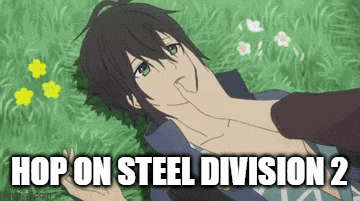 a man is laying in the grass with a hand on his face and the words hop on steel division 2 above him .